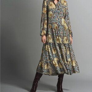 H&M Morris & Co. Floral shirt Dress sz12 Beige, Navy & Gold